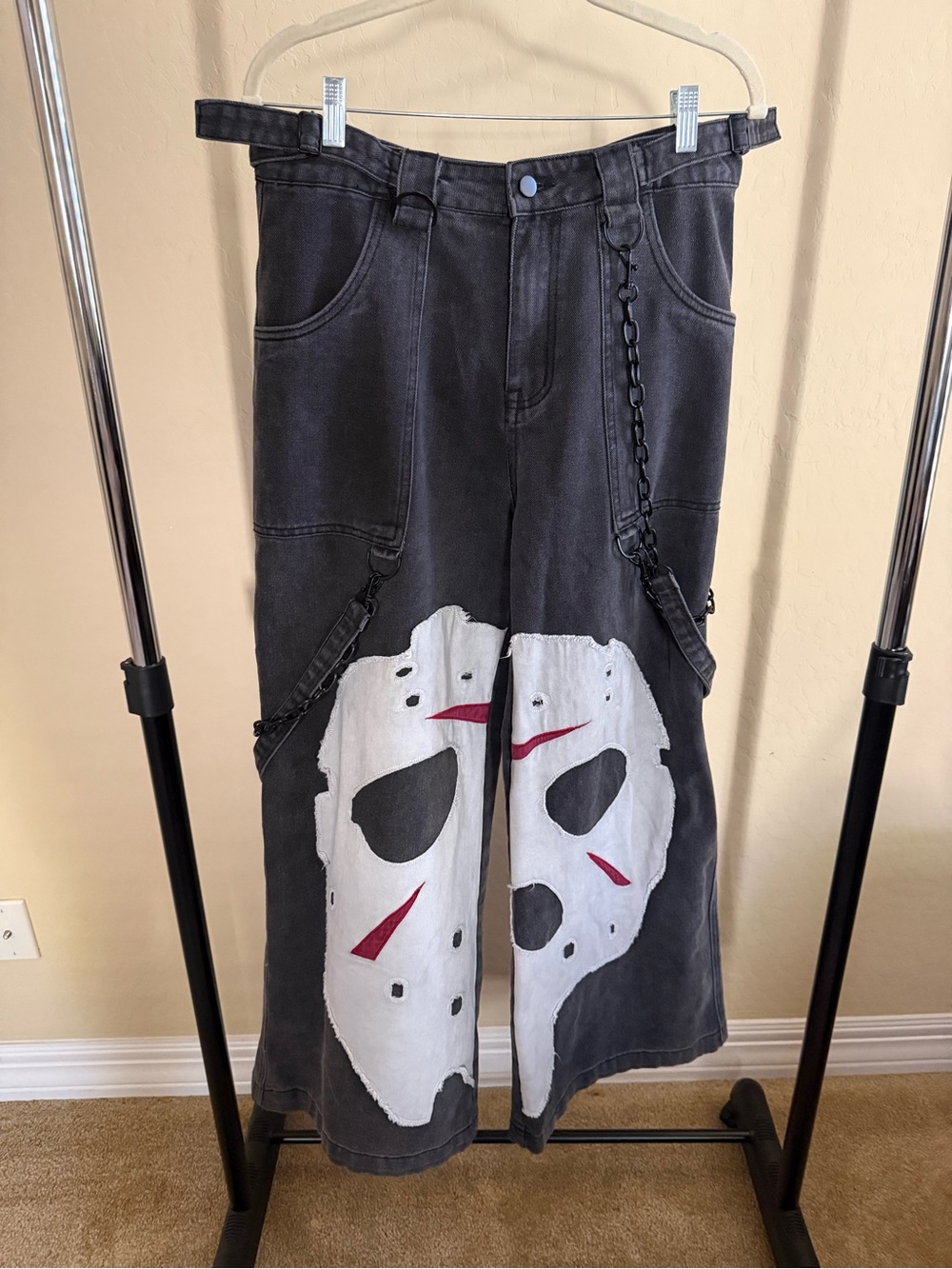 Men's Black Graphic Wide-Leg Jeans with Mask Print